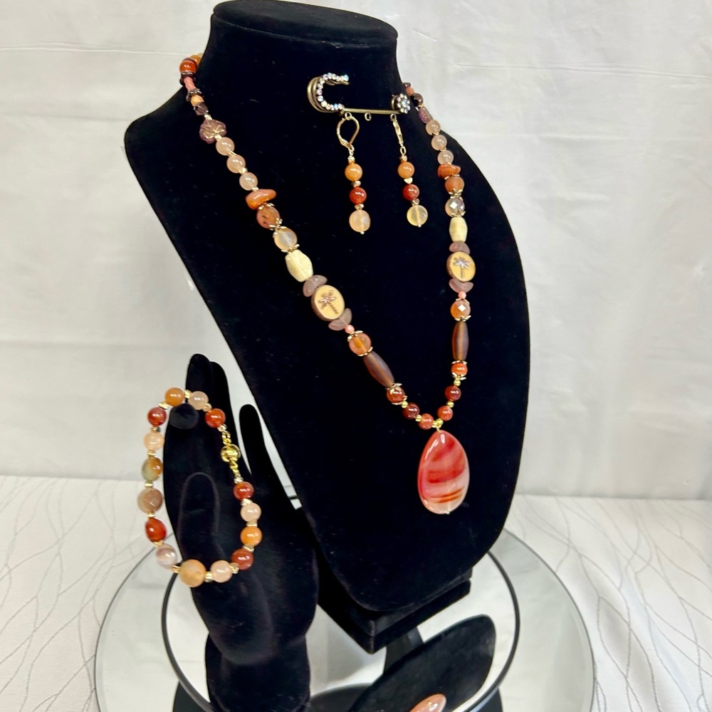 Dragonfly 3pc. Jewelry Set - Carnelian Agate, Faceted Peacock Agate, Peach Glass - Picture 6 of 9